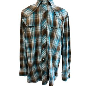 Roper‎ Mens L Turquoise Brown Plaid Western Shirt Aztec Embroidered Back